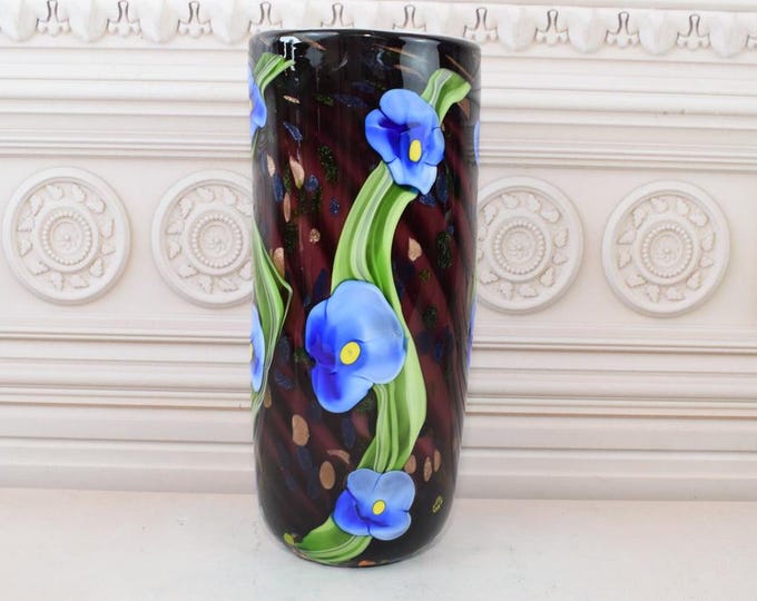 Unique Black and Green Vase Murano Style Glass - Handcrafted Flower Pot - Vase with Flowers Design - Gift Idea - Italian Glass - Home Decor