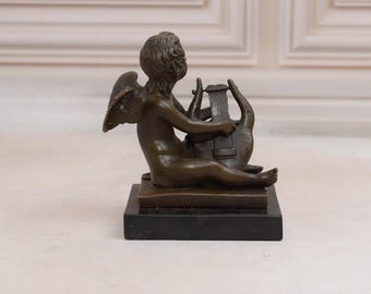 天使ミュージシャンのハープ像、20 CM、ハープを演奏する風に吹かれた