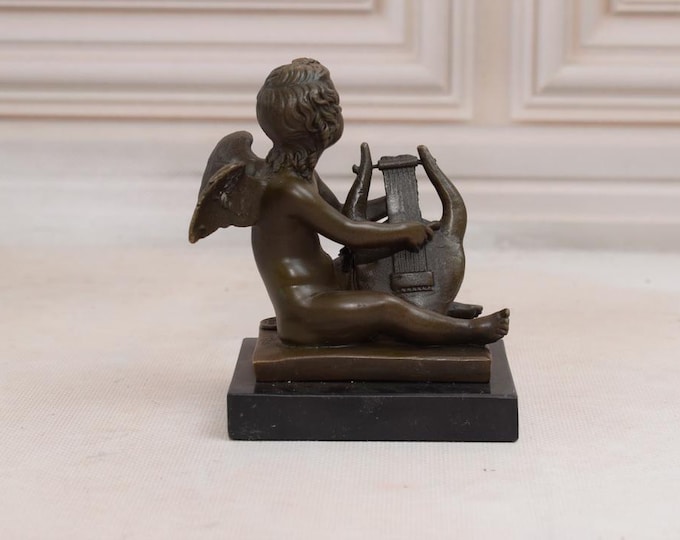 Angel Playing the Harp Bronze Sculpture on Marble Base, Putto Playing Winged Cherub, Amazing Bronze Statue, Home Decor, Gift Idea