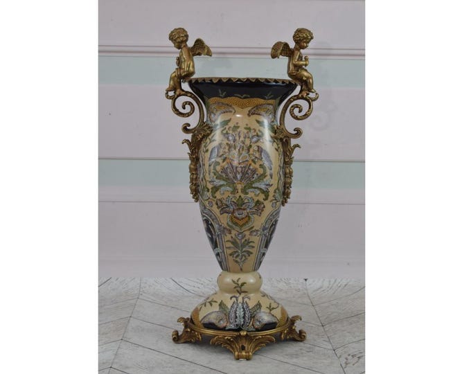 Porcelain Vase with Flower Design – Floral Flower Pot with Two Angels Bronze Ornaments – Large Porcelain Vase – Wedding Gift Idea