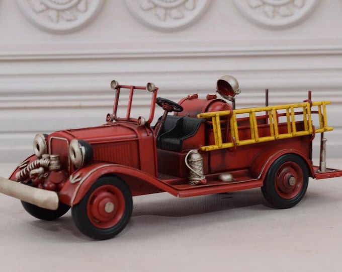 Vintage Fire Brigade - Red Car Old Metal Model - Gift Idea for Firefighter, Birthday - Old School - Collector Item - Home Decor