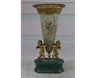 Signed Porcelain Vase: Floral Design with Bronze Angels, Elegant Decor