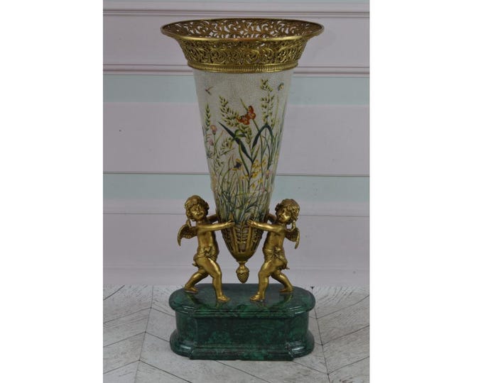 Porcelain Vase with Flower Design – Floral Flower Pot with Two Angels Holding the Vase – Large Signed Porcelain Vase – Elegant Wedding Gift