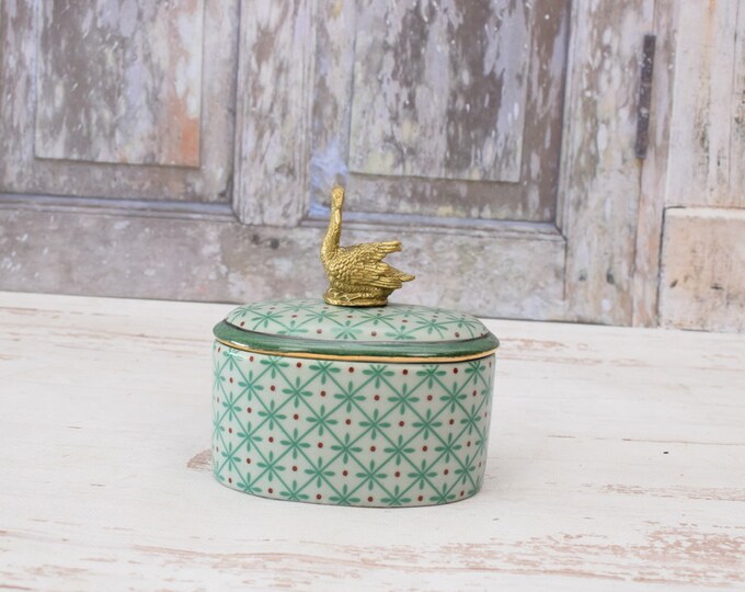 Porcelain Box with Swan - Bronze Ornaments and Swan Sculpture - Kitchen Decor - Blue Exclusive Casket - Home Decor - Unique Gift