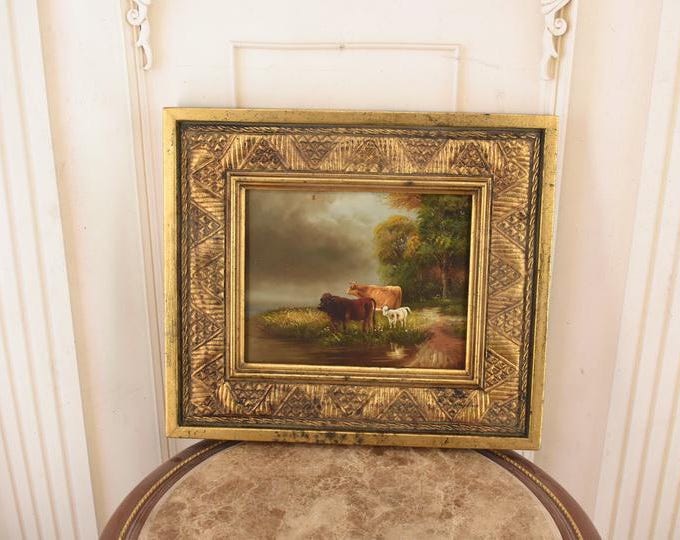Vintage Cows Oil Painting: Rustic French Countryside Scene