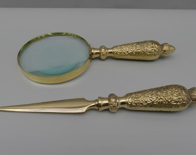 Magnifier and Letter Opener Set - Office Accessories Set of 2 Decorative Shiny Brass - Art Work Elegant Gift Idea - Home and Office Decor