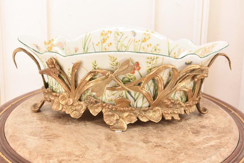 Porcelain Fruit Bowl: Bronze Dragonflies, Floral Centerpiece - Vintage ...