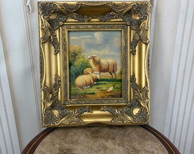 Sheep Family Painting – Pastoral Art in Golden Frame