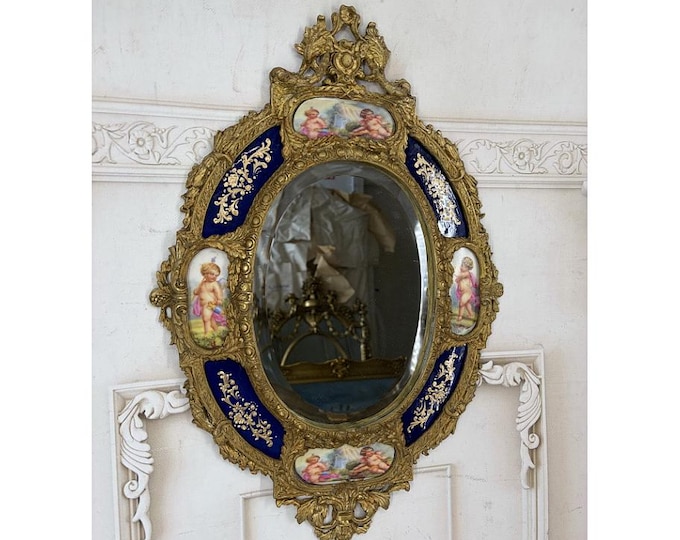 Vintage Beveled Crystal Mirror - Gilt Bronze Frame - Hand Painted Wall Mirror - Signed on the Back