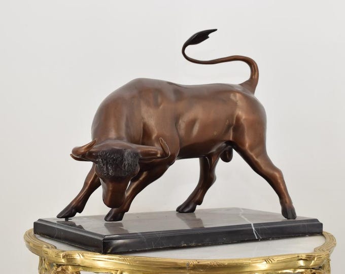Large Bull Bronze Statue on Marble Base – Powerful Bull Sculpture – Corrida Taurus – Office & Home Decor – Gift Idea