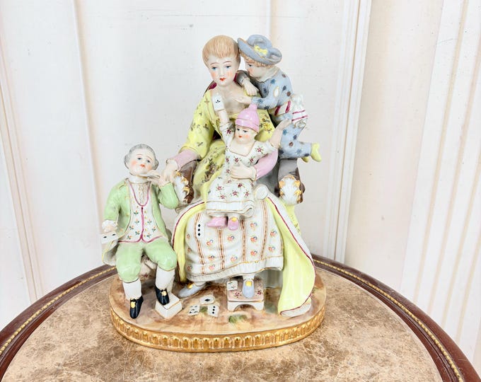 French Porcelain Mother and Children Figurine - Hand-Painted Signed Vintage Family Sculpture