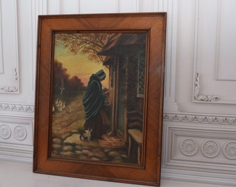 Antique Painting: Grandma with Cat, Countryside Scene, Signed Art