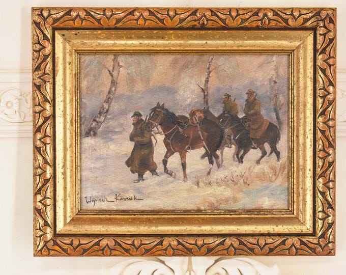 Antique Polish Oil Painting – Winter Scene Resting Soldiers – Snow Landscape Wood Art