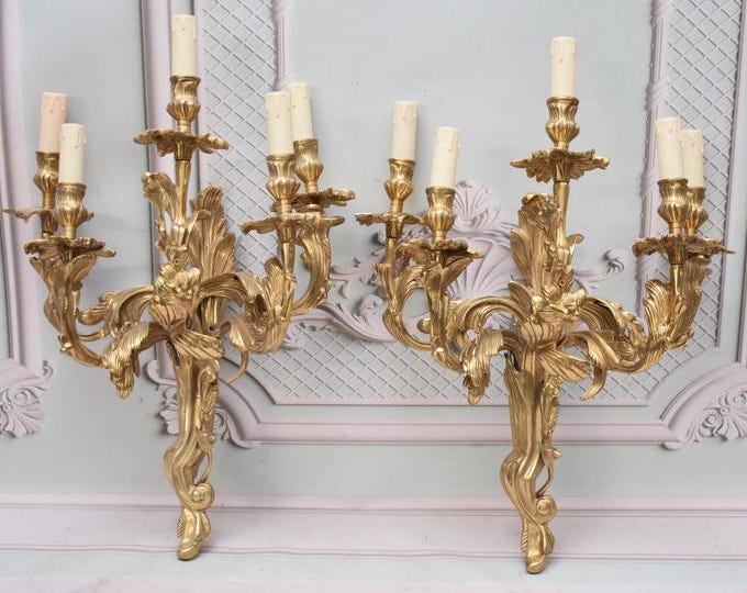 2 x Bronze Art Nouveau Wall Sconces: Vintage Candlestick Lamps