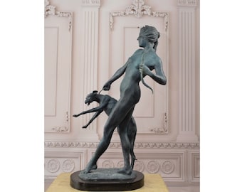 Large Bronze Diana and Greyhound Sculpture: Signed Mythology Art