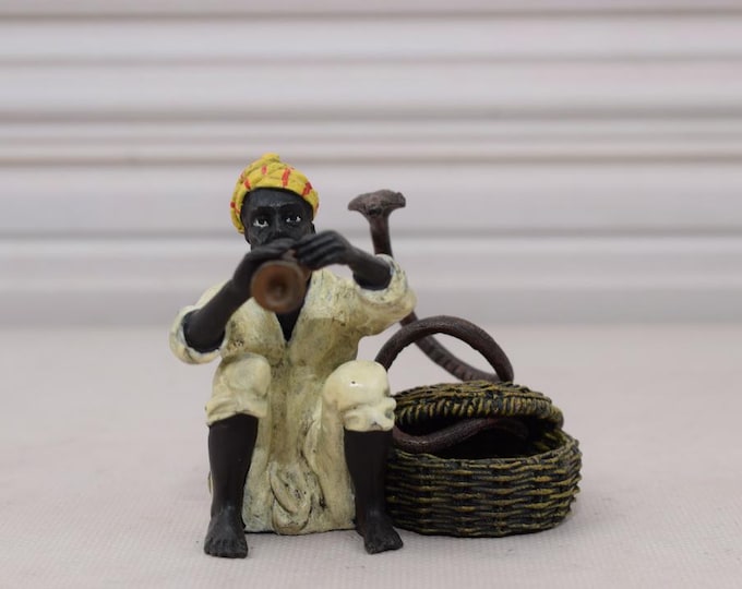 Arab Playing Instrument with Snake Listening Bronze Figurine – Hand-Painted, Signed, Vienna Style Collection – Unique Collectible Statue