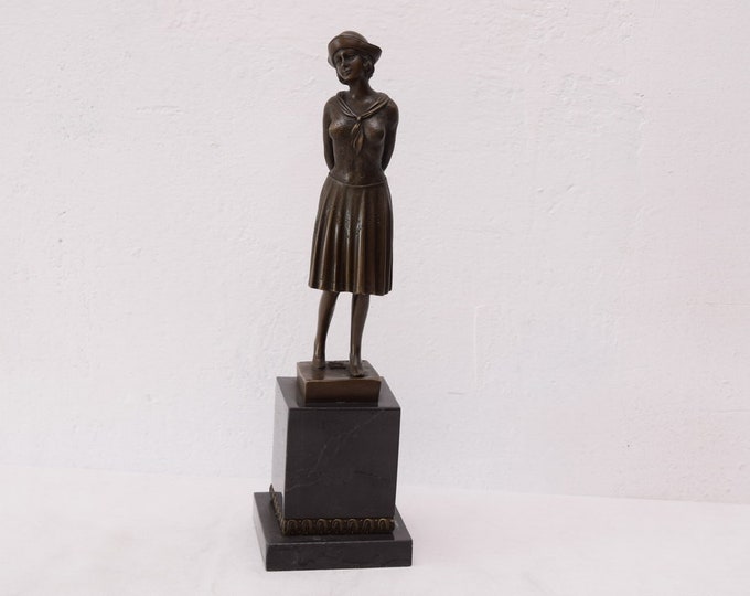 Large Pretty Woman in Hat Bronze Statue - Sculpture Art Deco Style - Figure Gift Idea -