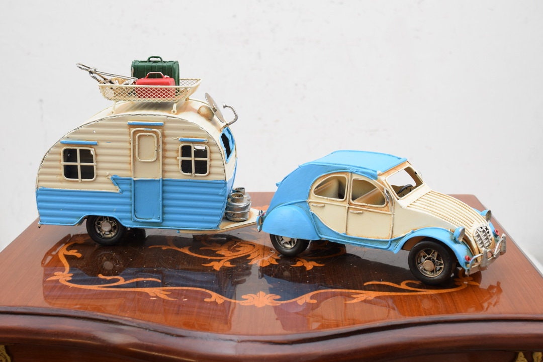 Vintage Metal Model Car With Caravan Nice Blue Car With Trailer Old