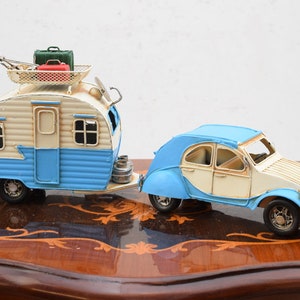 Vintage Metal Model Car with Caravan - Nice Blue Car with Trailer Old Iconic Car - Metal Model Toy - Gift Idea Old School Car - Home Decor