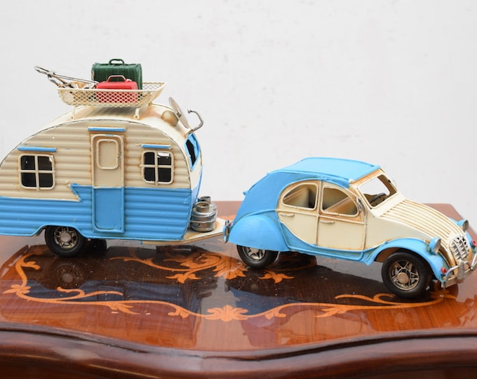 Vintage Metal Model Car with Caravan - Nice Blue Car with Trailer Old Iconic Car - Metal Model Toy - Gift Idea Old School Car - Home Decor