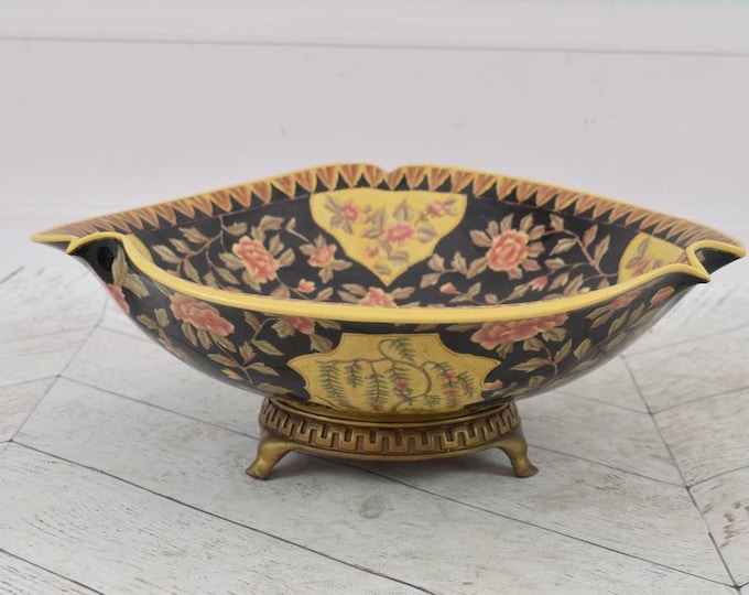 Vintage Fruit Plate - Porcelain with Painted Ornaments - Black and Yellow Old Plateau - Floral Painted Porcelain - Art - Home Decor