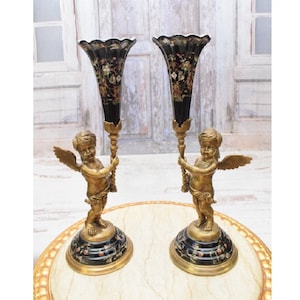 Amazing Black Pair Porcelain with Bronze Candlesticks - Two Angels Bronze Candlestick - Regency Candlestick - Home Decor - Exclusive Gift