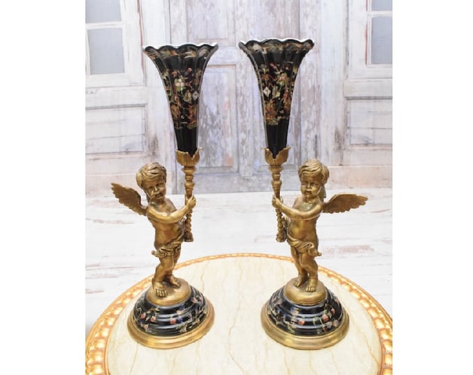Amazing Black Pair Porcelain with Bronze Candlesticks - Two Angels Bronze Candlestick - Regency Candlestick - Home Decor - Exclusive Gift