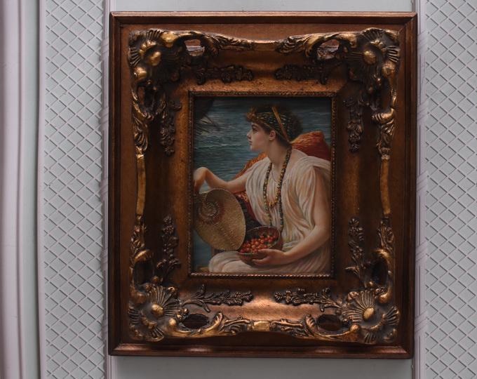 Woman on a Boat – Roman Lady – Antique Oil Painting on Wood – Gilded Frame – Unique Vintage Artwork
