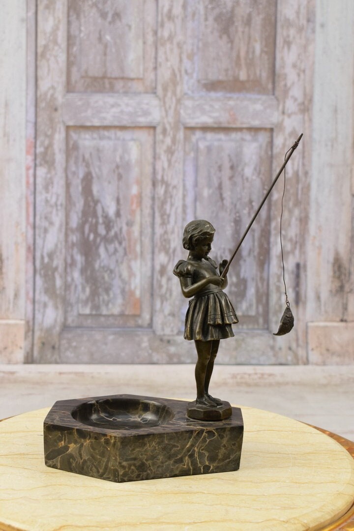 Young Girl With Fishing Rod Fisher Woman Bronze Statue Figure Girl
