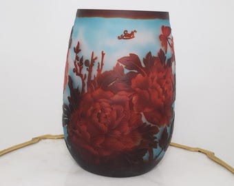 エミール・ガレ風の花瓶：赤と青のアールヌーボーガラス - Etsy 日本