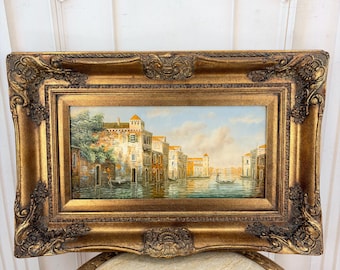 Venetian Canal Painting on Wood - Italian Cityscape - Ornate Gold Frame