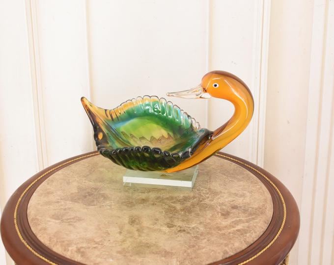 Murano Style Glass Duck Bowl – Green Orange Art Glass Centerpiece