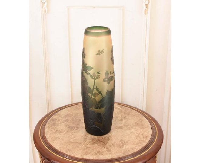Green Glass Flower Vase - Emile Galle Style, Home Decor