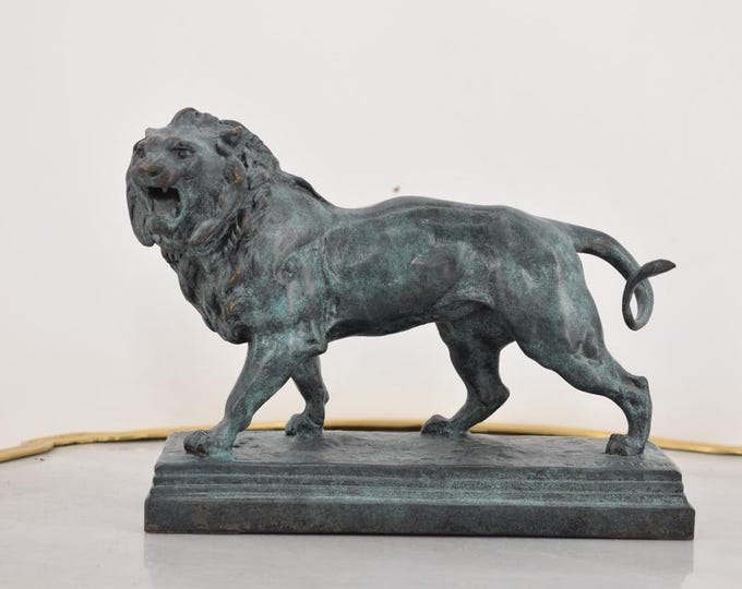 Great Green Patina Lion Bronze Sculpture – Foundry Marked – Majestic Animal Statue – Unique Gift for Office or Home Decor