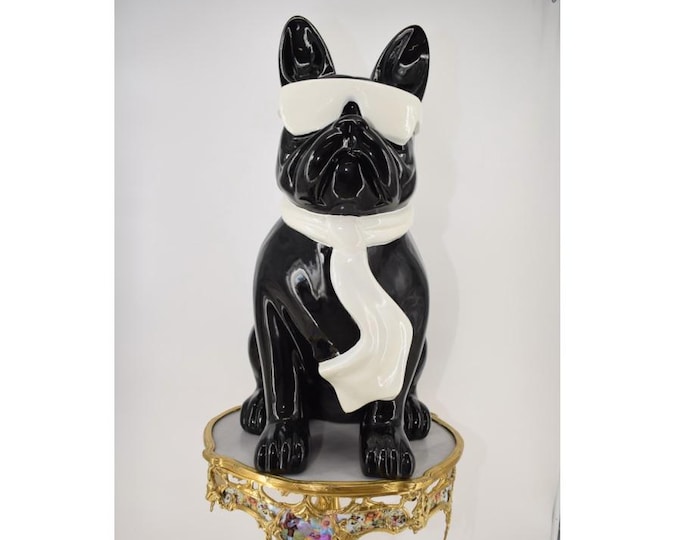Modern Black and White Sitting Bulldog Statue with Glasses – Funky Dog Figurine for Home & Garden Decor – Unique Gift Idea
