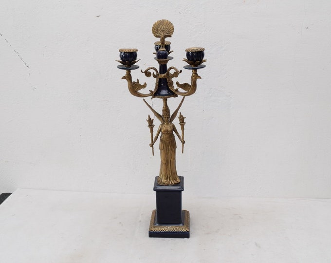 Porcelain with Bronze Cobalt Candlestick Art Nouveau Nymphe Ornaments  Art Deco Gift -