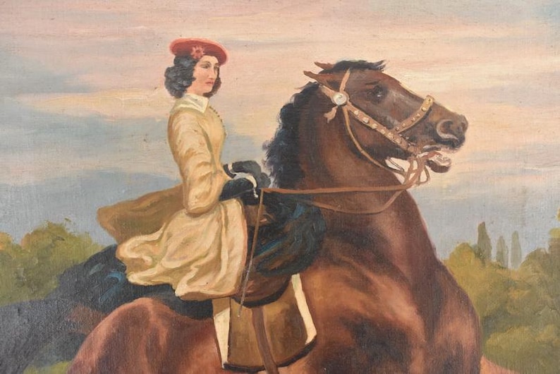 Dipinto vintage raffigurante una dama aristocratica a cavallo – Stile Juliusz Kossak – Arte equestre storica su tela immagine 5