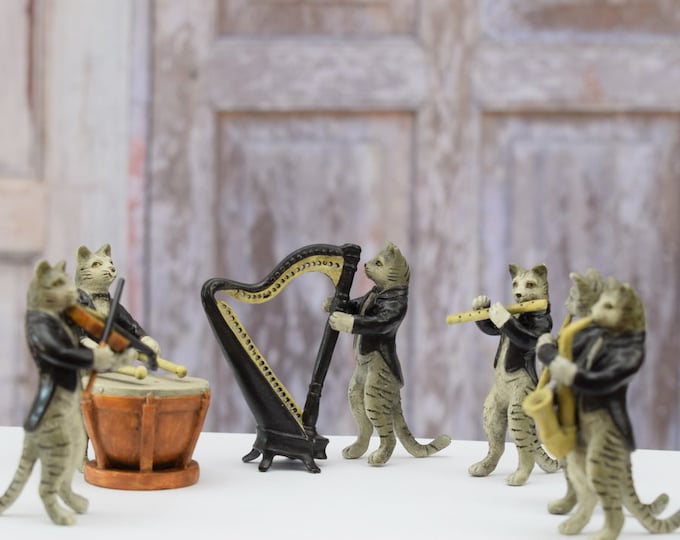Set 6 Figures Cats Chapel Bronze Figurine - Musician Vienna Bronze Orchestra - Bronze Figures Cats - Home Decor - Collector Item
