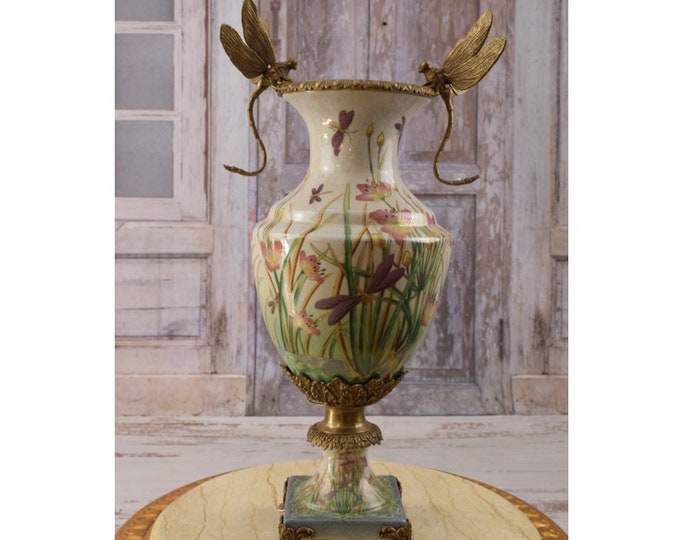 Porcelain vase with flowers design - flower pot porcelain - two dragonflies bronze ornaments -  big porcelain amphora - Gift for Wedding