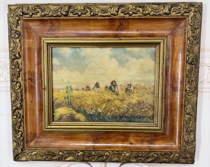 Vintage Polish Harvest Scene Oil Painting - Stanisławski Style - Harvesters in the Countryside - Oil on Wood