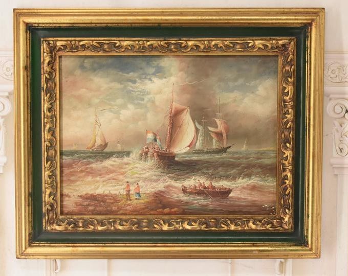 Vintage Fishermen Painting: Handmade Boats on Sea Art with Gold Frame