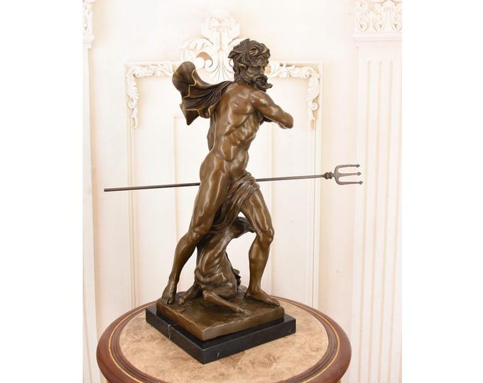 Large Bronze Neptune and Hippocamp Sculpture – Limited Edition Mythological Statue – Luxury Decor