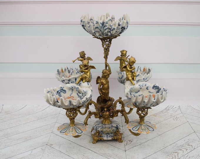 Very Large Plateau Porcelain with Bronze Ornaments - Four Playing Angels Bronze - Art Nouveau Bowl Porcelain - Blue Ornaments - Gift Wedding
