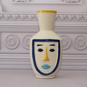 Unique Expressive Vase - Funny Face Flower Vase - Vallauris 1960 Style - Porcelain Painted Vase - Ceramic Vase - Home Decor Gift for Wedding