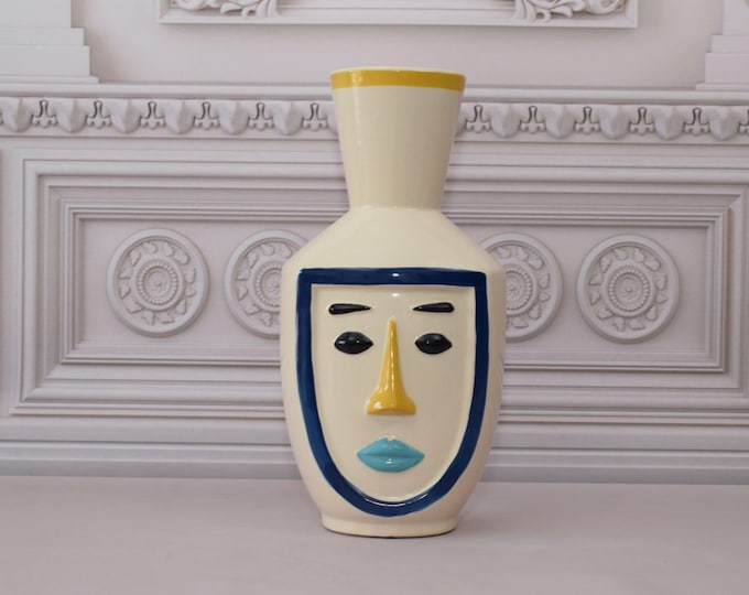 Unique Expressive Vase - Funny Face Flower Vase - Vallauris 1960 Style - Porcelain Painted Vase - Ceramic Vase - Home Decor Gift for Wedding