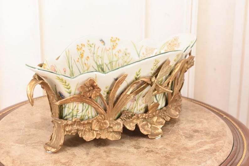Porcelain Fruit Bowl: Bronze Dragonflies, Floral Centerpiece - Vintage ...