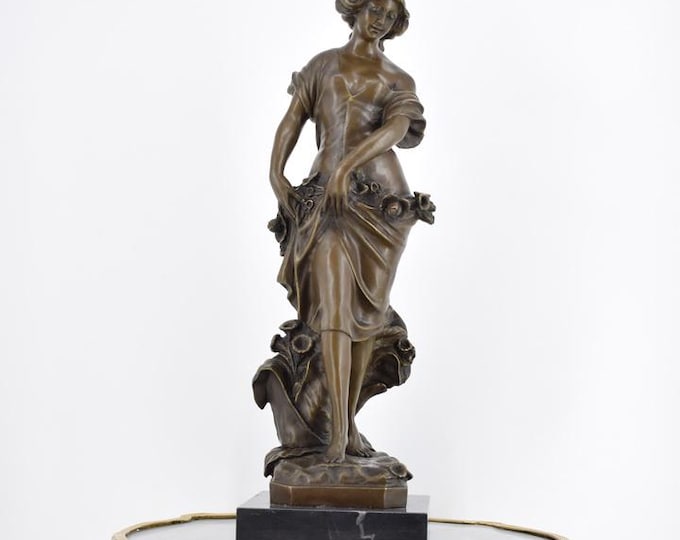 Large ! Woman with Flowers Bronze Statue - Art Deco Sculpture - Woman on Branch - Foundry Mark - Gift Idea - Home Decor