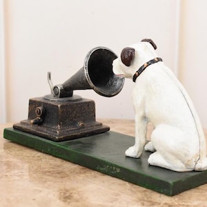 Magnificent Cast Iron Statue of Dog Nipper with Gramophone - Handmade Sculpture - Dog Art Home and Garden Decor - Unique Premium Gift