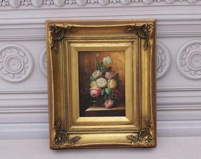 Unique Painting in Golden Frame - Flowers Painting - Oil on Wood - Wall Art Decor - Home Decor - Gift for Birthday, Wedding, Housewarming