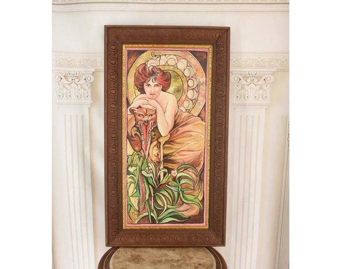 Very Rare Antique Oil Painting - Lady Of The Camellias - Mucha Style Art